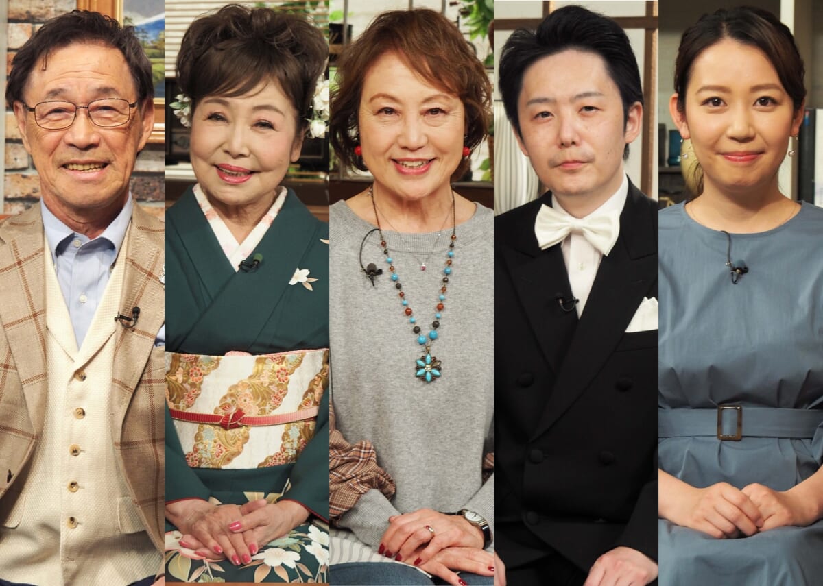 左から）武田鉄矢、青山和子、九条まり子、刑部芳則、須黒清華、（テレビ東京アナウンサー）